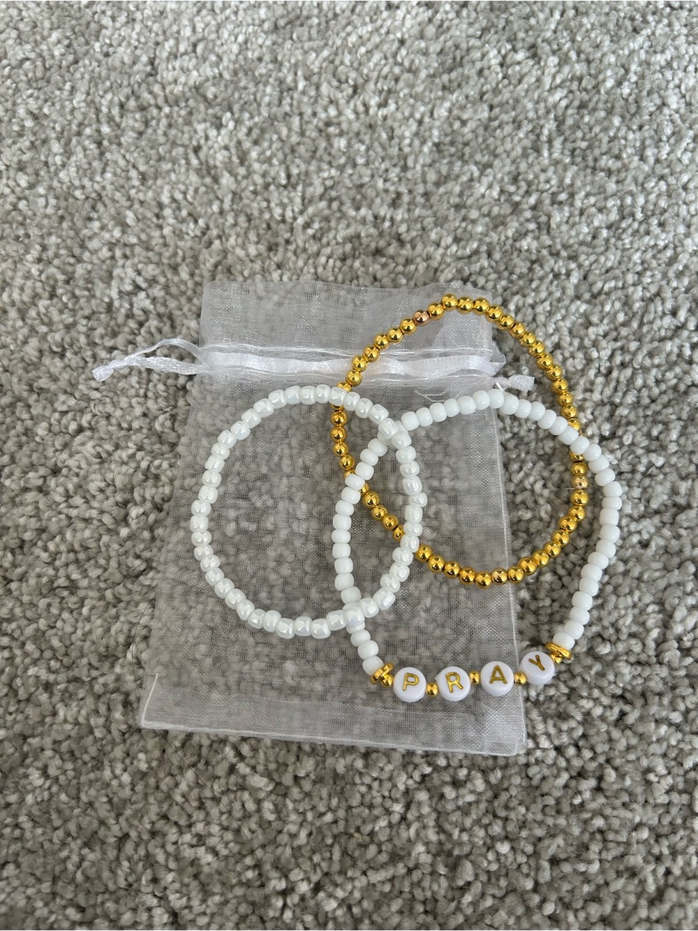White and Gold Beaded Stretch Bracelet Set - PRAY Accent